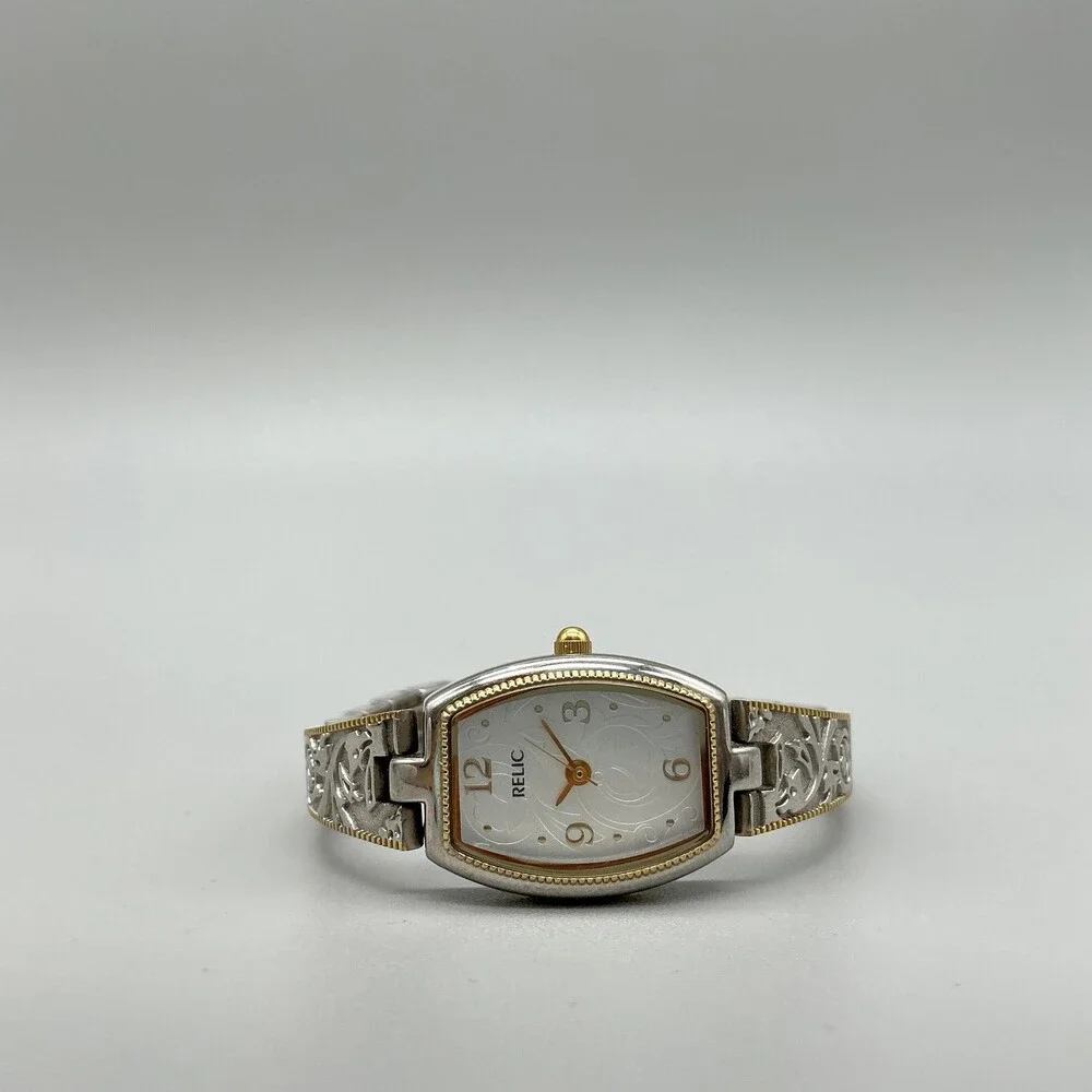 Relic Womens Watch 18mm Silver Dial Tonneau Scrolled Band New Battery 5.75